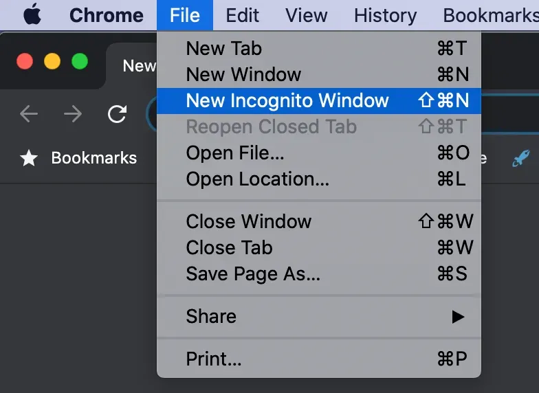 Chrome File menu on Mac with New Incognito Window highlighted