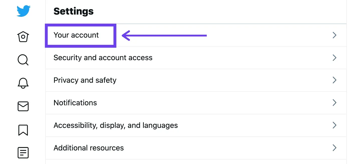 Twitter Settings menu with the Your account option highlighted by an arrow