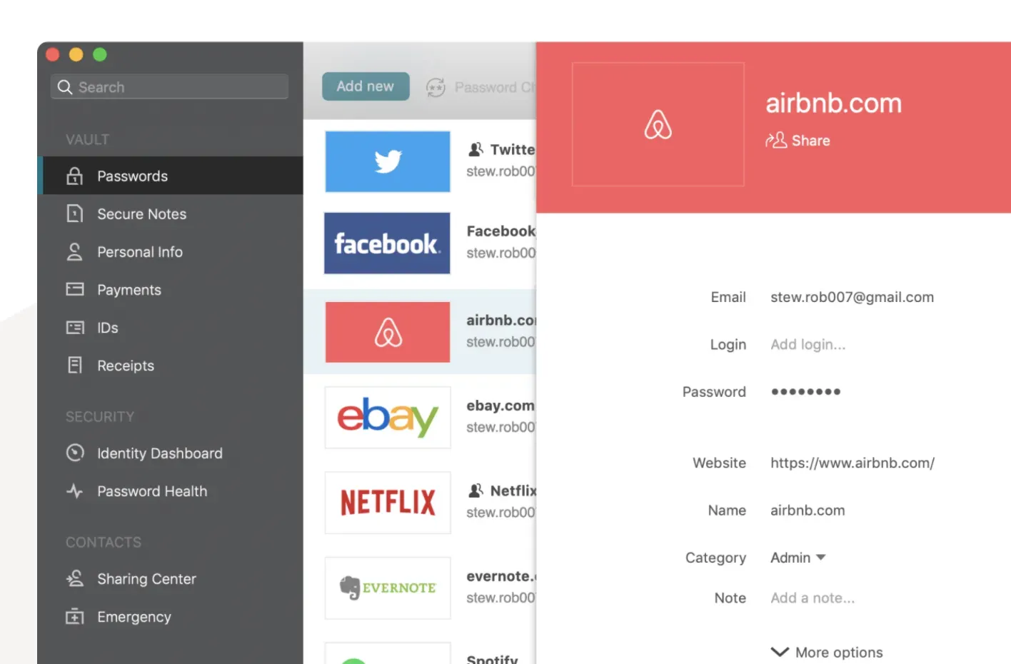 Password manager vault listing Twitter, Facebook, Airbnb, eBay and Netflix logins with Airbnb entry open