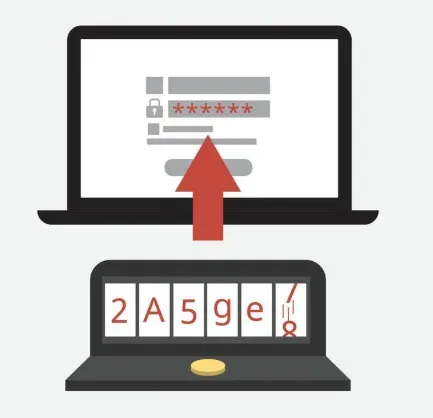 Laptop login form with a masked password being stolen and sold, shown by a red arrow to hardware