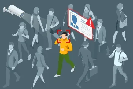 Facial-recognition scan targeting one man in a crowd, with surveillance camera and ID profile card