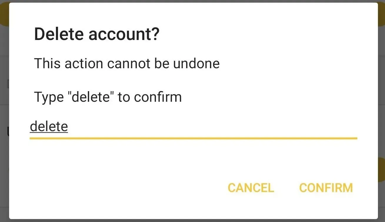 Bumble "Delete account?" dialog prompting the user to type "delete" to confirm