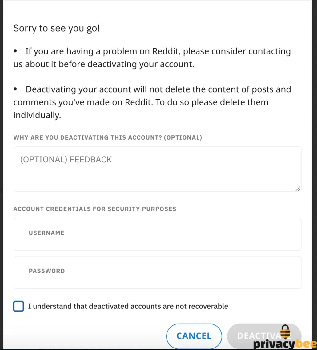 Reddit account deactivation form with feedback box, username and password fields, and a confirmation checkbox