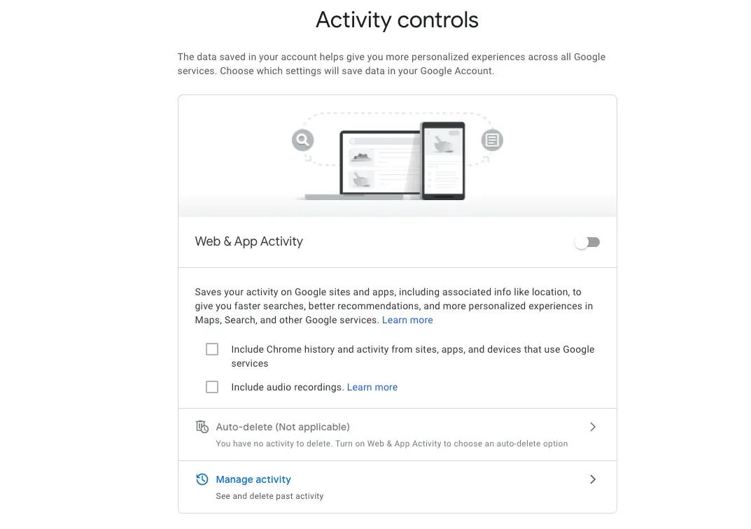 Google Activity controls page with Web & App Activity toggled off and an auto-delete option