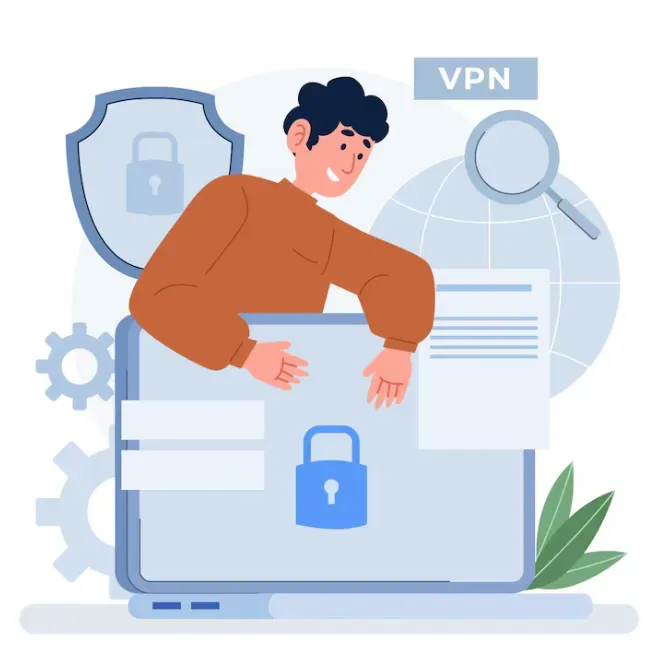 Person leaning over a laptop with padlock, shield and globe, labeled VPN