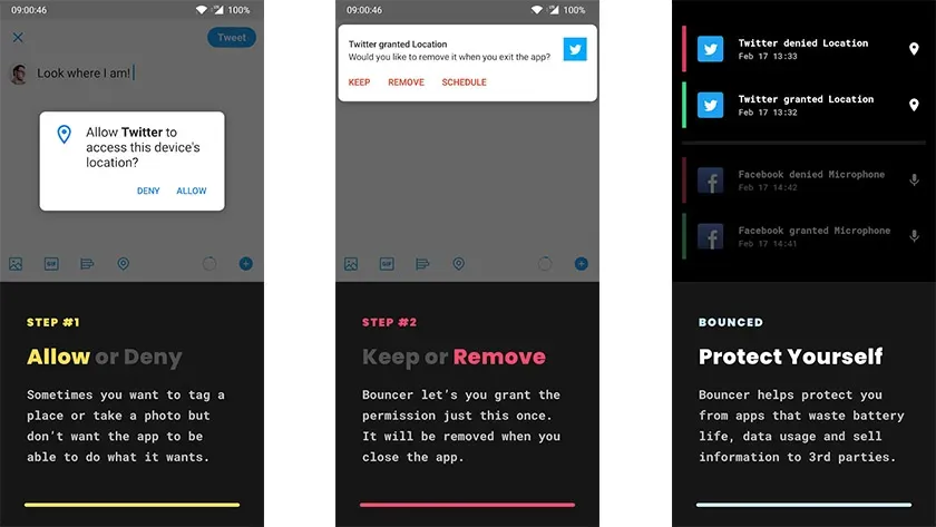 Bouncer Android app screens: Allow or Deny, Keep or Remove permissions, and Protect Yourself
