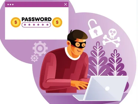 Masked hacker at a laptop cracking a password field shown in a pop-up above him
