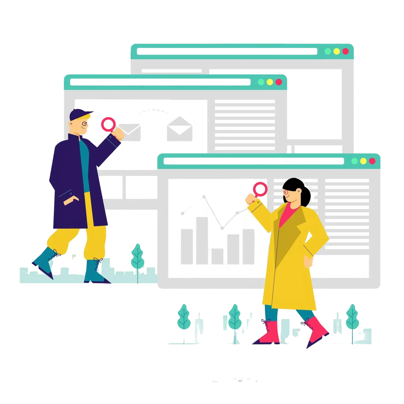Two detectives with magnifying glasses inspecting browser windows with email and charts for breaches