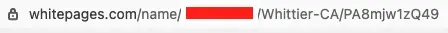Whitepages profile URL in the browser address bar, name redacted, Whittier CA