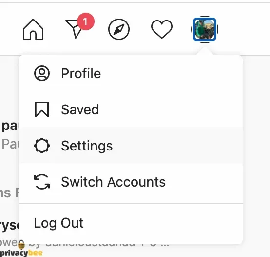 Instagram profile dropdown menu listing Profile, Saved, Settings, Switch Accounts, and Log Out
