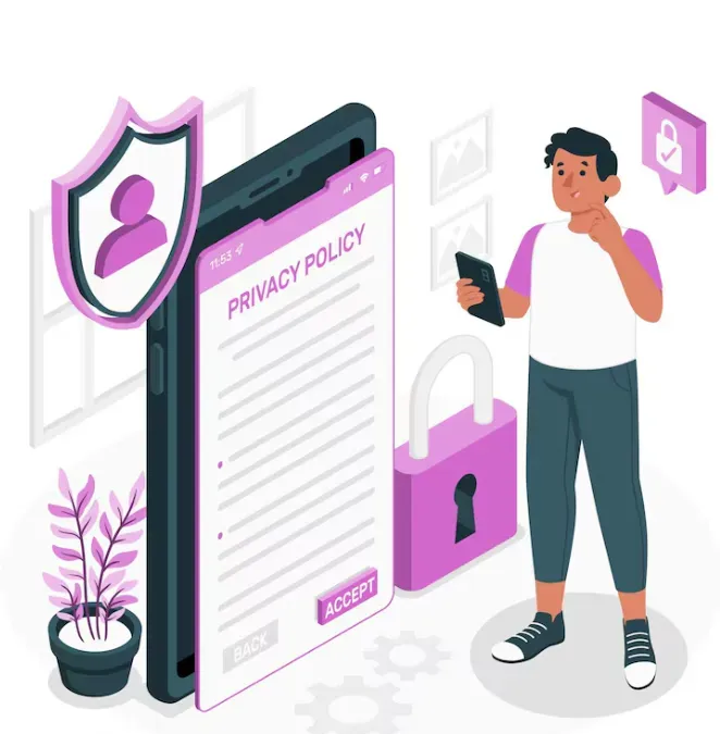 Person reviewing a Privacy Policy on a phone with Accept button, shield and padlock nearby