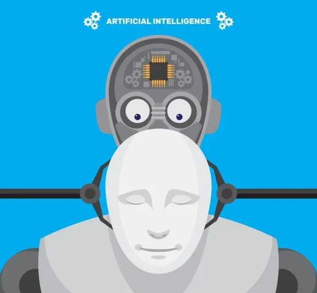 Robot with a circuit-board head lifting a human face mask, labeled Artificial Intelligence
