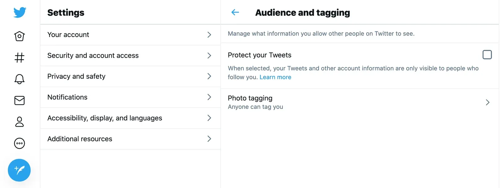 Twitter Audience and tagging settings with Protect your Tweets checkbox unchecked