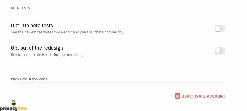 Reddit account settings showing beta test toggles and a Deactivate Account option