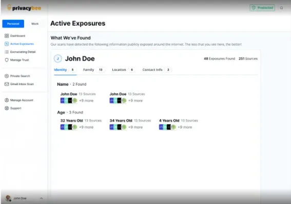Privacy Bee Active Exposures dashboard showing 48 exposures and 251 sources for a user's data