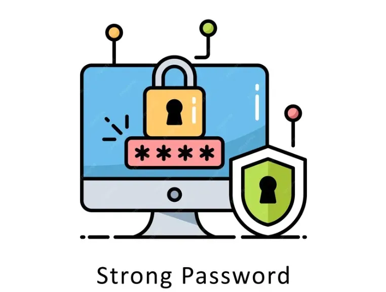 Desktop monitor with a padlock and masked password field beside a green shield, labeled Strong Password