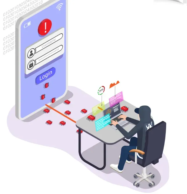 Hooded hacker at a laptop siphoning login data from a giant smartphone sign-in screen