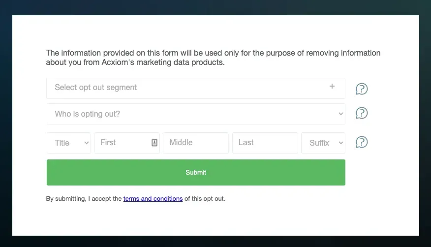 Acxiom opt-out form with segment, who's-opting-out, and name fields