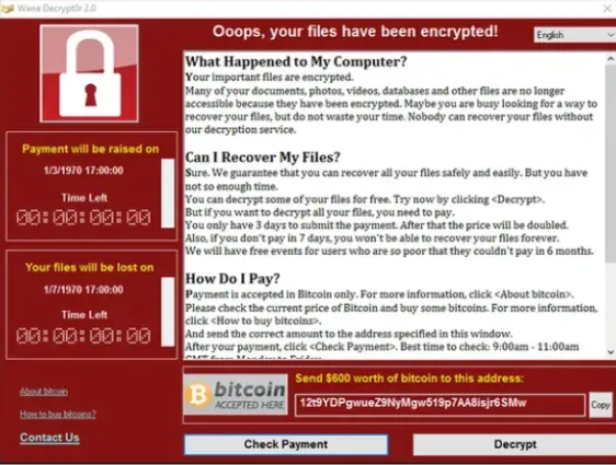 WannaCry ransomware screen demanding 0 in Bitcoin to unlock encrypted files