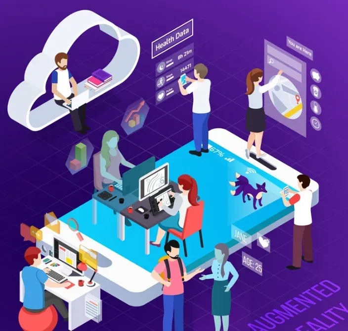 Isometric illustration of people using devices while their health data, location, and personal info are tracked