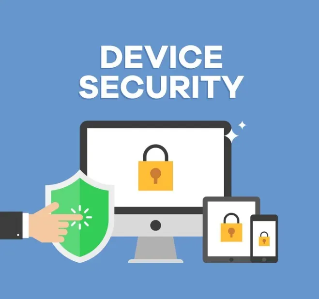 Device Security graphic with padlocks on a monitor, tablet, and phone, and a hand touching a green shield