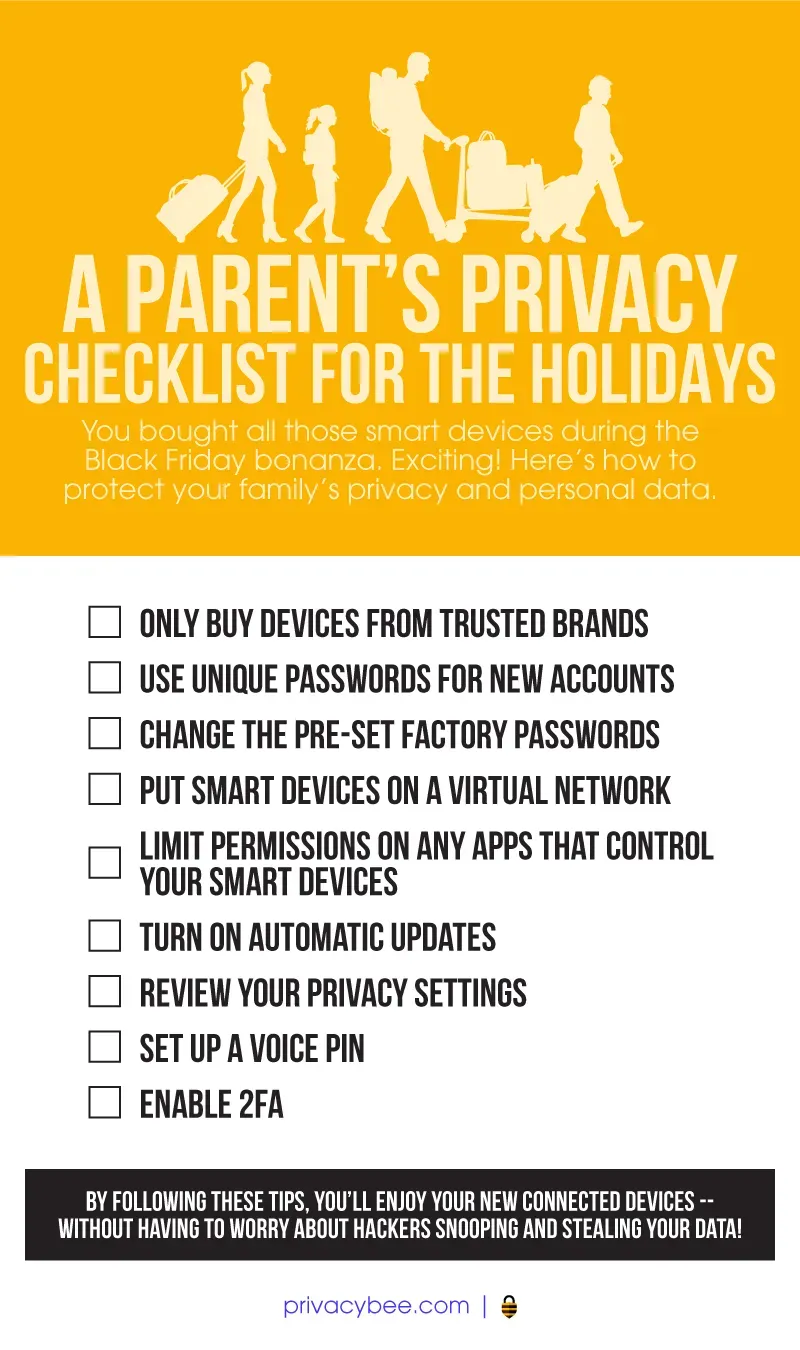 A Parent's Privacy Checklist for the Holidays infographic listing 9 smart-device security tips