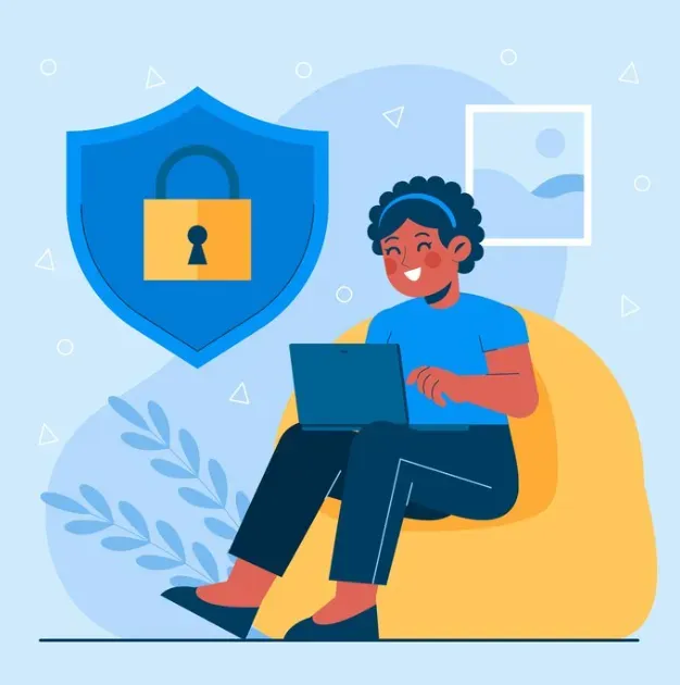 Person using a laptop beside a blue shield-and-padlock icon representing data protection