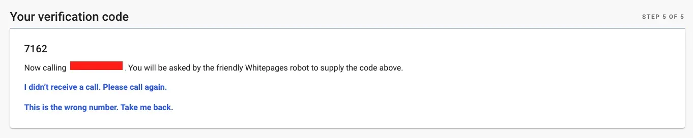Whitepages opt-out step 5 showing verification code 7162 and phone call prompts