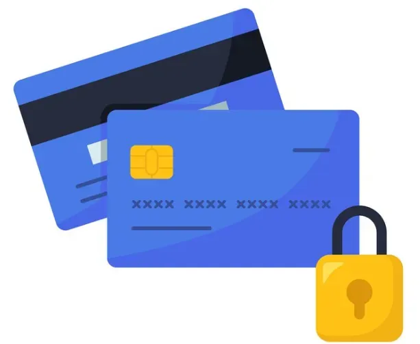 Two blue credit cards secured by a padlock, illustrating a credit freeze