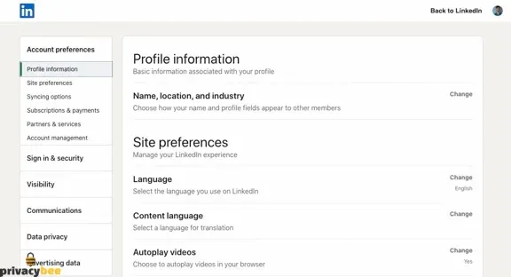 LinkedIn Account preferences page showing profile information and site preferences settings