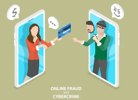 Woman handing a credit card through a phone to a masked thief, labeled 'Online Fraud and Cybercrime'