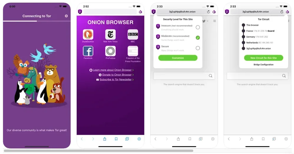 Onion Browser app screens showing Tor connection, security levels, and relay circuit routing