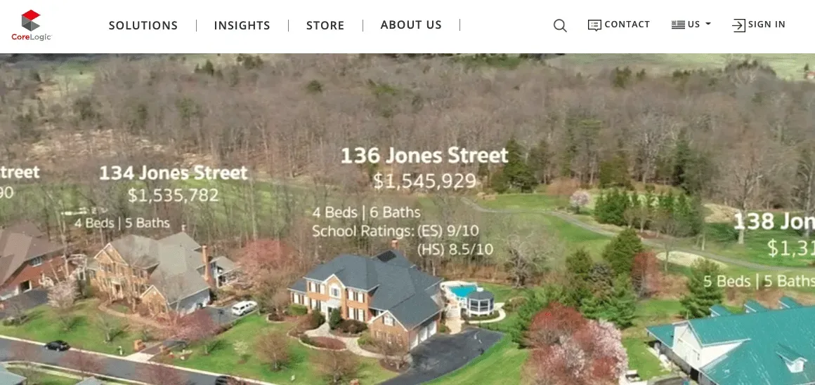 CoreLogic website showing aerial home listings with property values and details