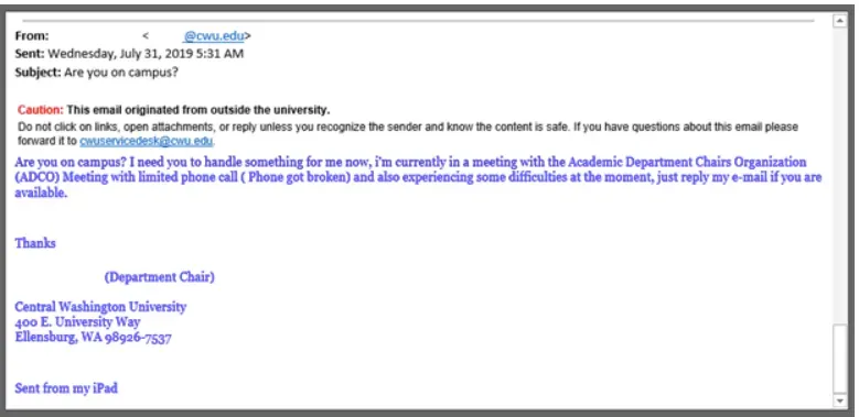 Pretexting email impersonating a department chair asking a favor, with external-sender caution