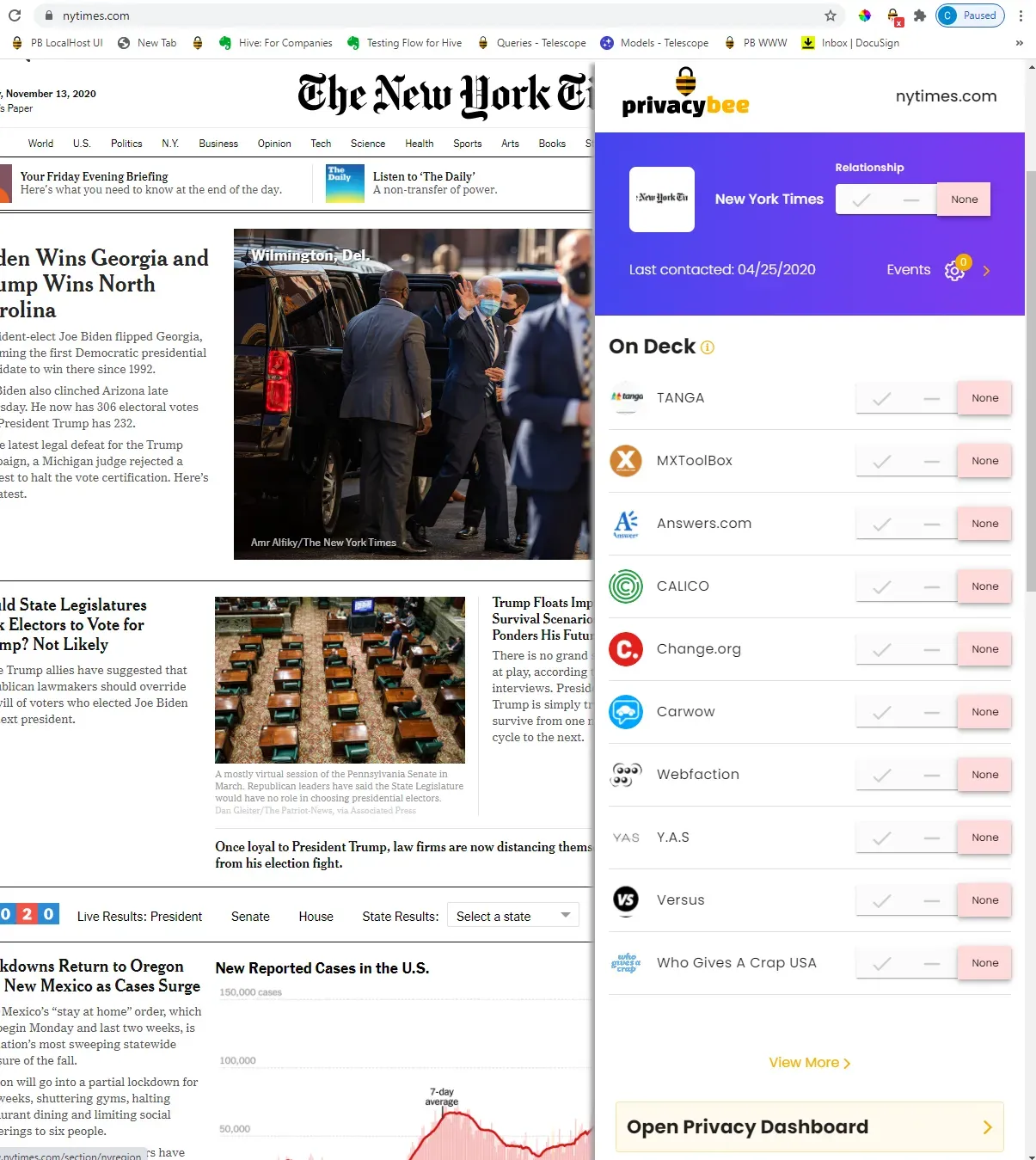 Privacy Bee browser panel on nytimes.com showing New York Times relationship set to None