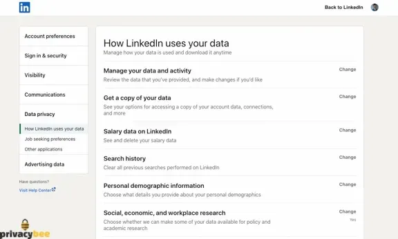 LinkedIn Data privacy page listing how LinkedIn uses your data with Get a copy of your data option