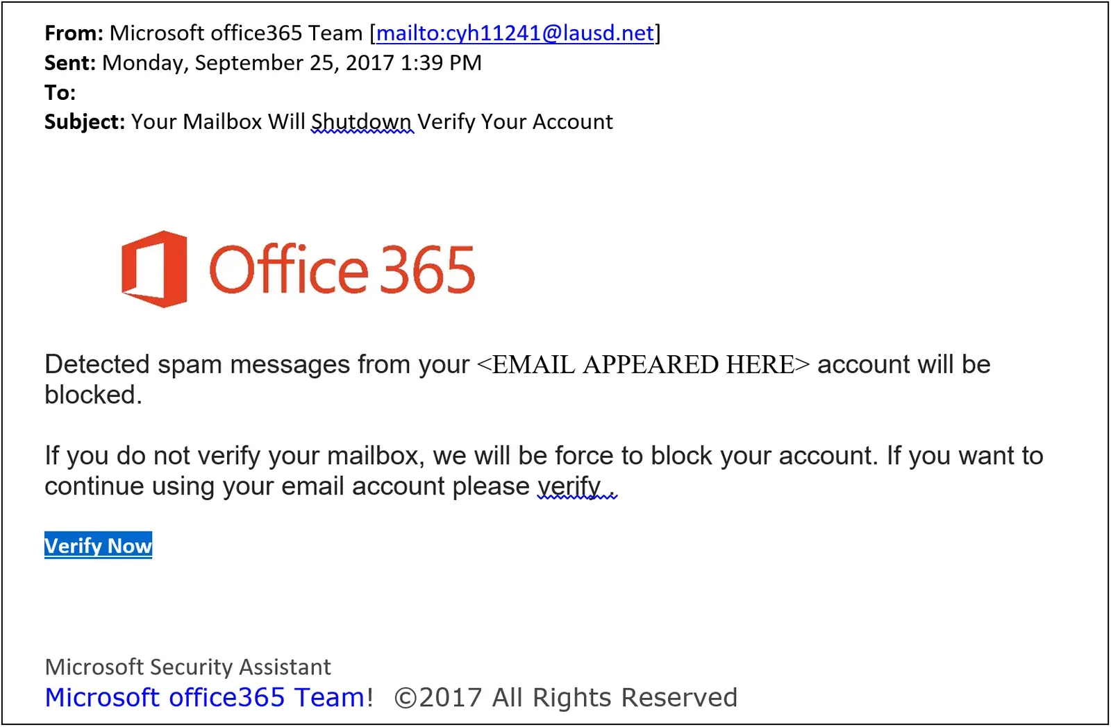 Phishing email posing as Office 365, warning your mailbox will shut down unless you verify