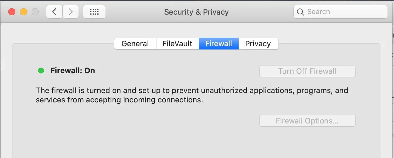 macOS Security & Privacy settings with the Firewall turned on