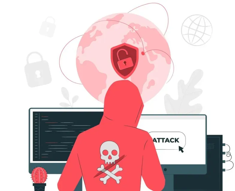 Hooded hacker with a skull emblem facing monitors and an Attack button, breaching a secured globe