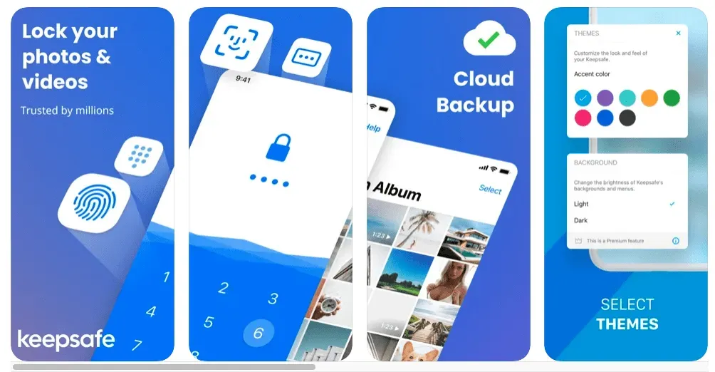 Keepsafe Photo Vault app screens showing photo locking, passcode entry, and cloud backup