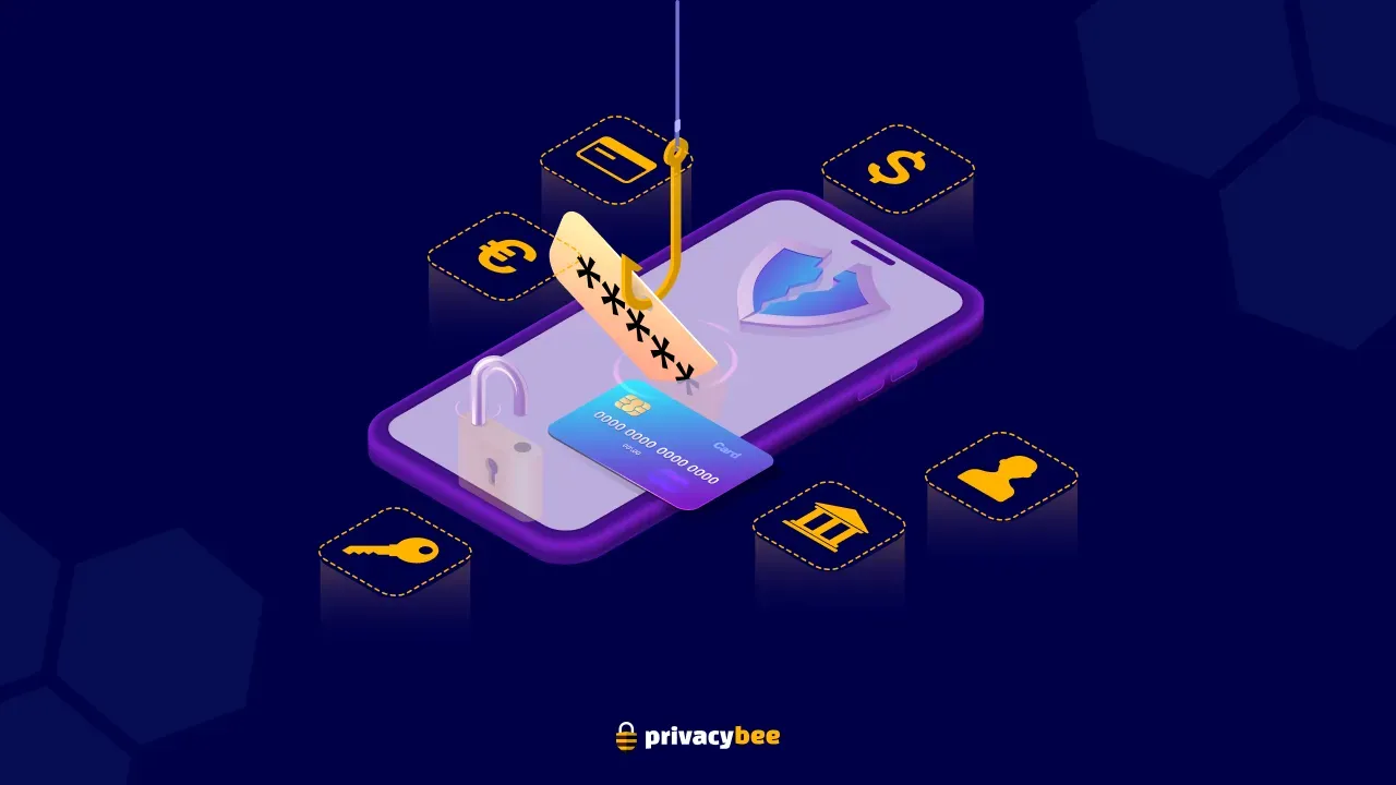 Phishing hook stealing a password from a smartphone with a broken shield and credit card, Privacy Bee