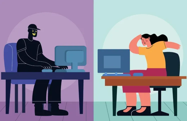 Split illustration of a masked hacker at a computer and a shocked woman at her own computer