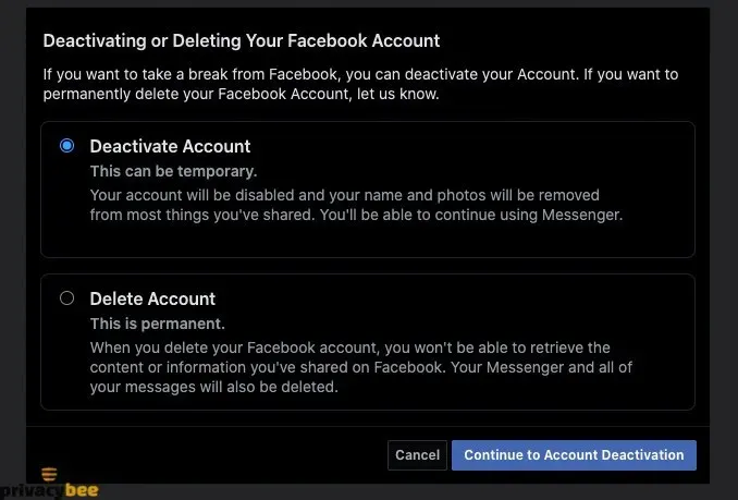 Facebook dialog with Deactivate Account selected over Delete Account and a Continue button