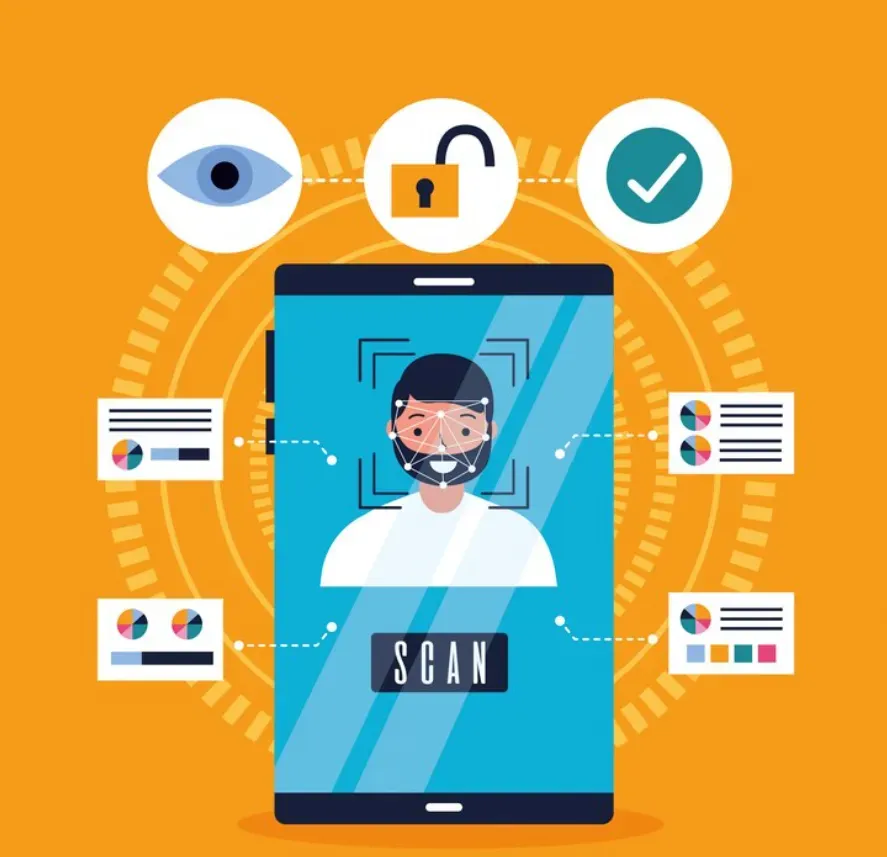 Smartphone scanning a man's face, surrounded by eye, unlocked padlock and data-profile cards