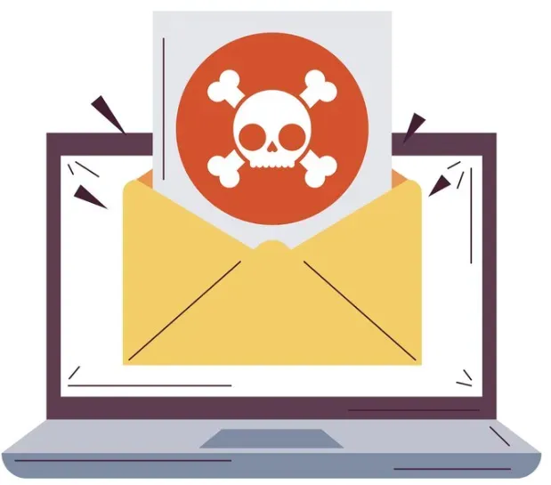 Laptop showing an opened email with a skull-and-crossbones document, signaling a malware email