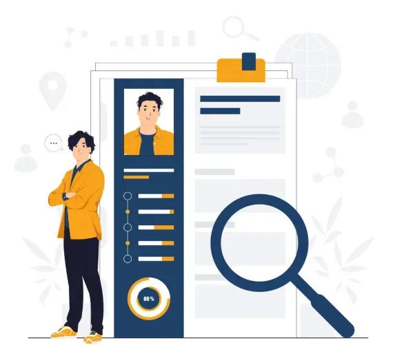 Man beside an enlarged profile document with photo and magnifying glass, suggesting employer background screening