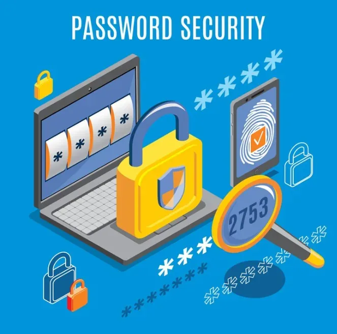 Password Security illustration with laptop, padlock, fingerprint scan and masked passwords