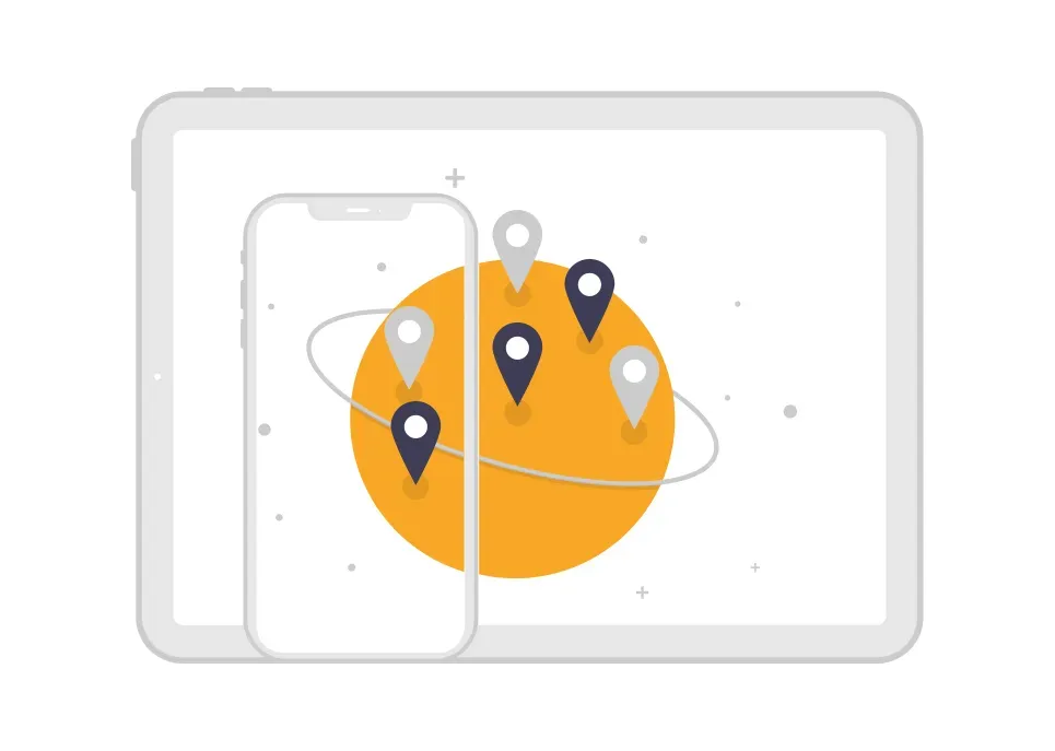 Illustration of a tablet and phone with location pins circling a globe, evoking public Wi-Fi tracking