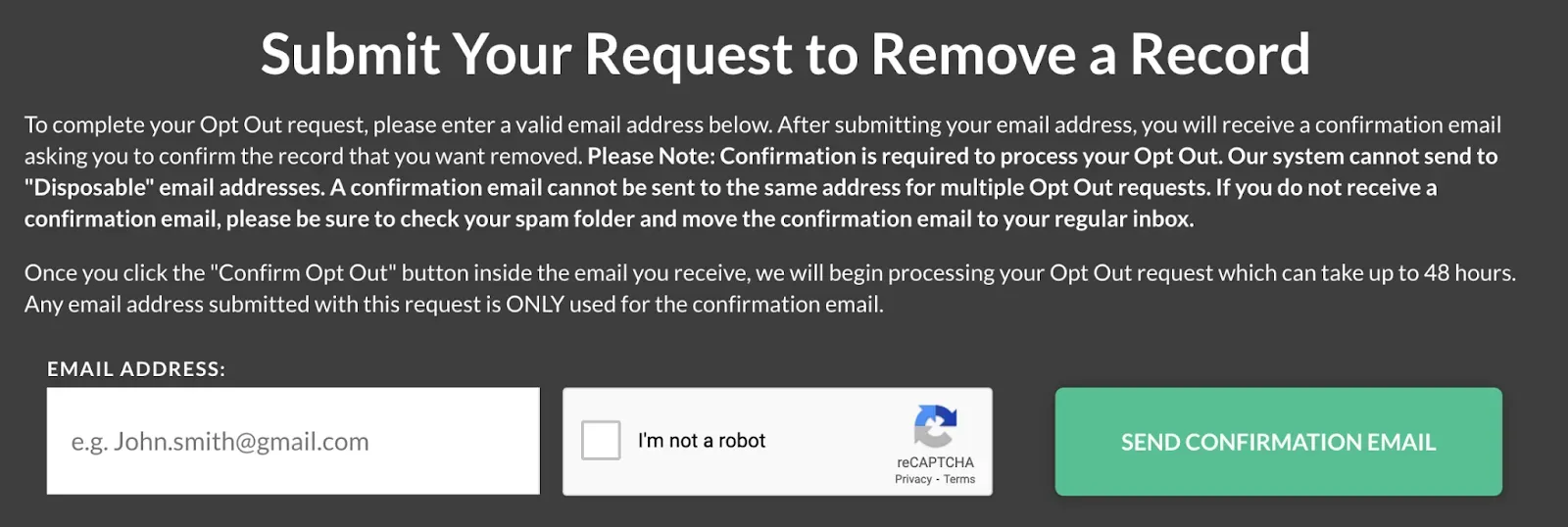 TruthFinder opt-out form with email field, reCAPTCHA, and Send Confirmation Email button