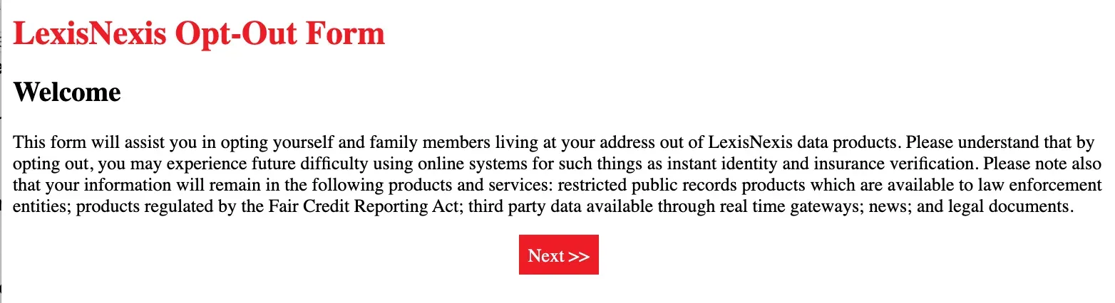 LexisNexis Opt-Out Form welcome page explaining the suppression process, with a Next button